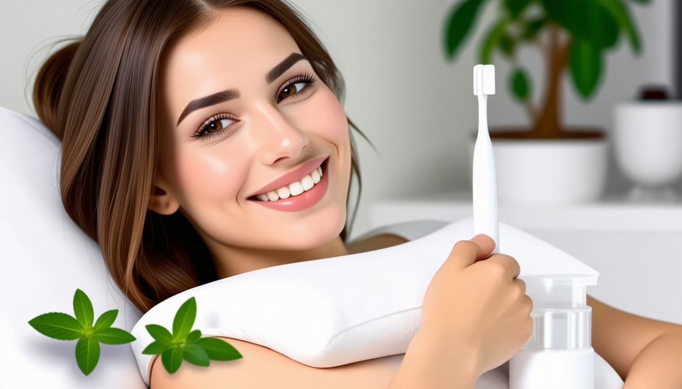 A clean dental-wellness scene with a healthy smile and natural oral-c… for derila ergo pillow