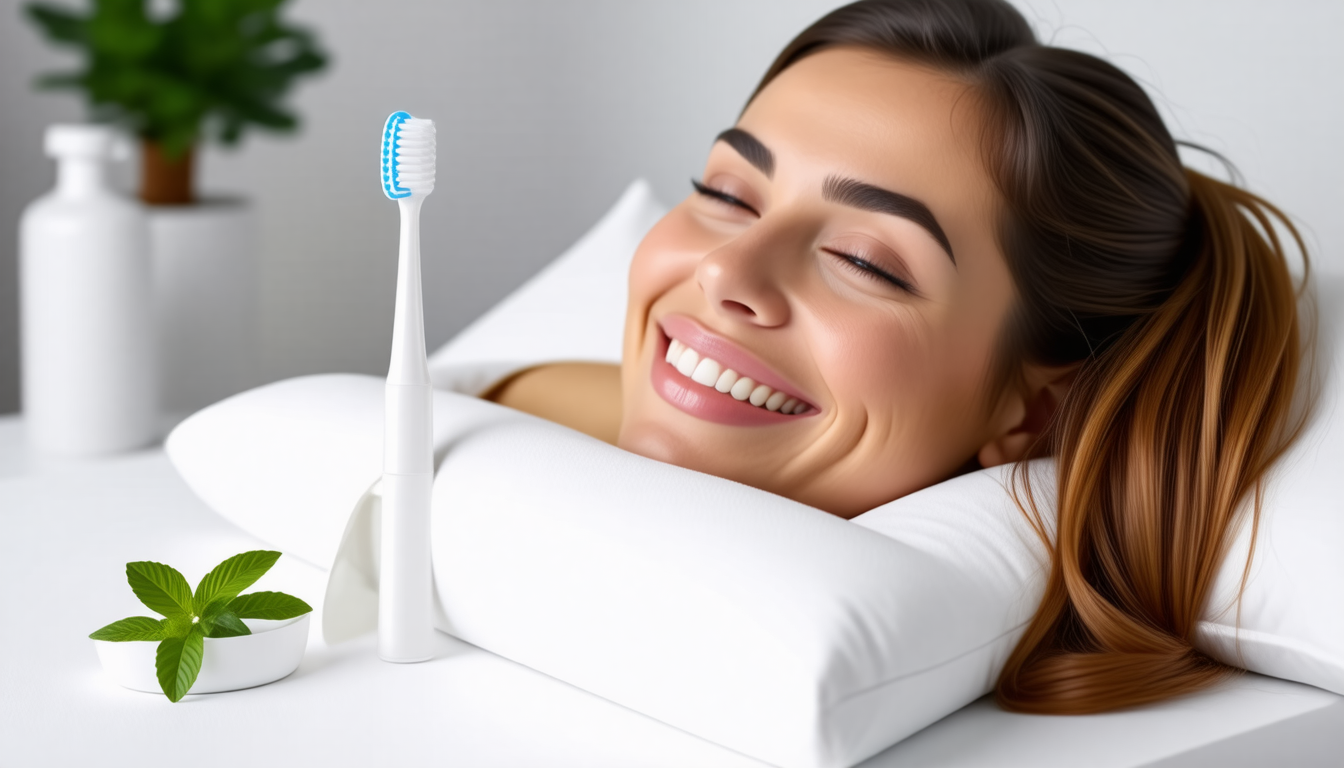 A clean dental-wellness scene with a healthy smile and natural oral-c… for derila pillow for sleep apnea